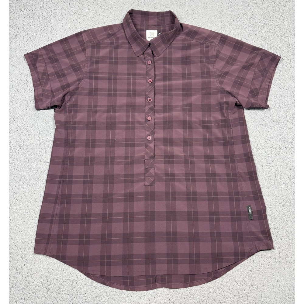 Flylow Shirt Mens XL Purple Plaid Short Sleeve Button Up Stretch Casual Outdoor